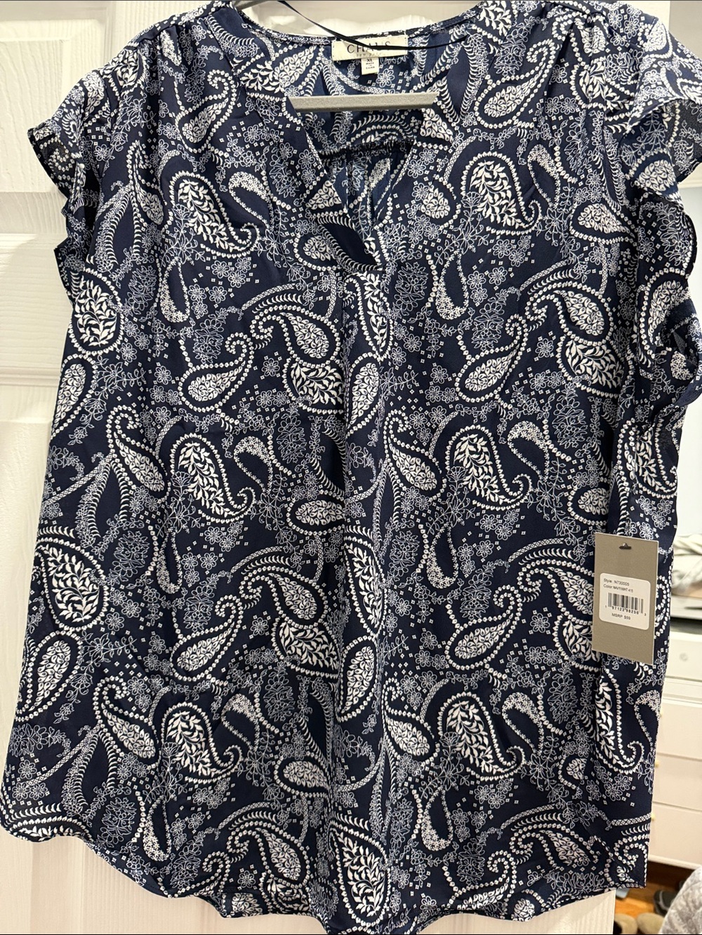 Chaus Navy and White Paisley Short-Sleeve Blouse